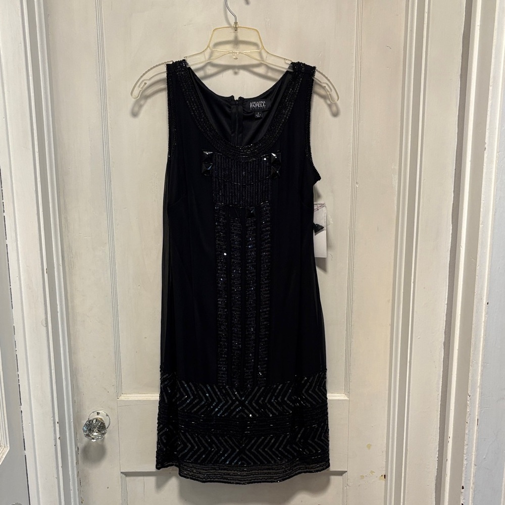 Adrianna Papell Evening Elegant Silk Black Beaded Mini Cocktail Dress BN 6